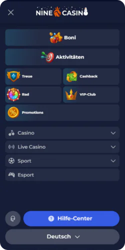 Nine-Casino-Speisekarte